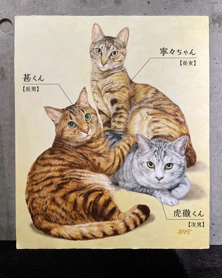 ペット肖像画の完成作品と3匹の名前